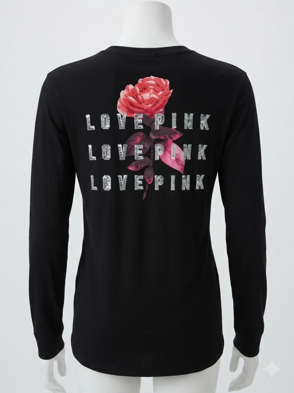 Victoria's Secret PINK Black Long Sleeve Campus Tee Small Sequin Rose Graphic